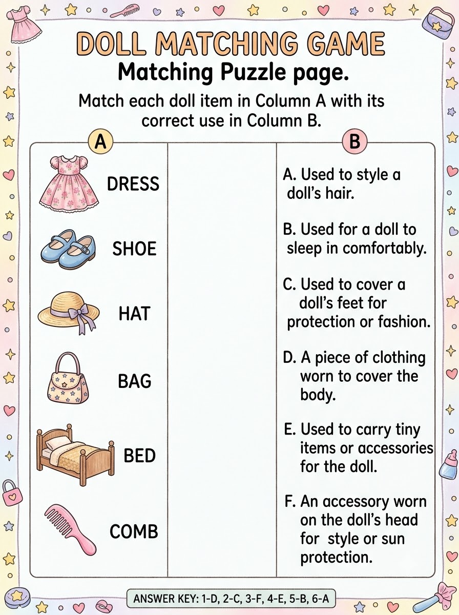 Doll Matching Game — column A to column B matching puzzle with illustrated doll items
